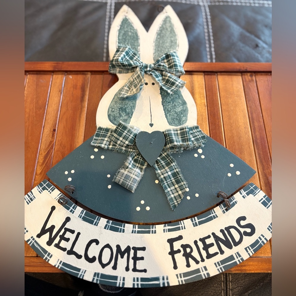 Vintage Hand Painted Easter Bunny Welcome Sign Rustic Folk Farmhouse Wall Art